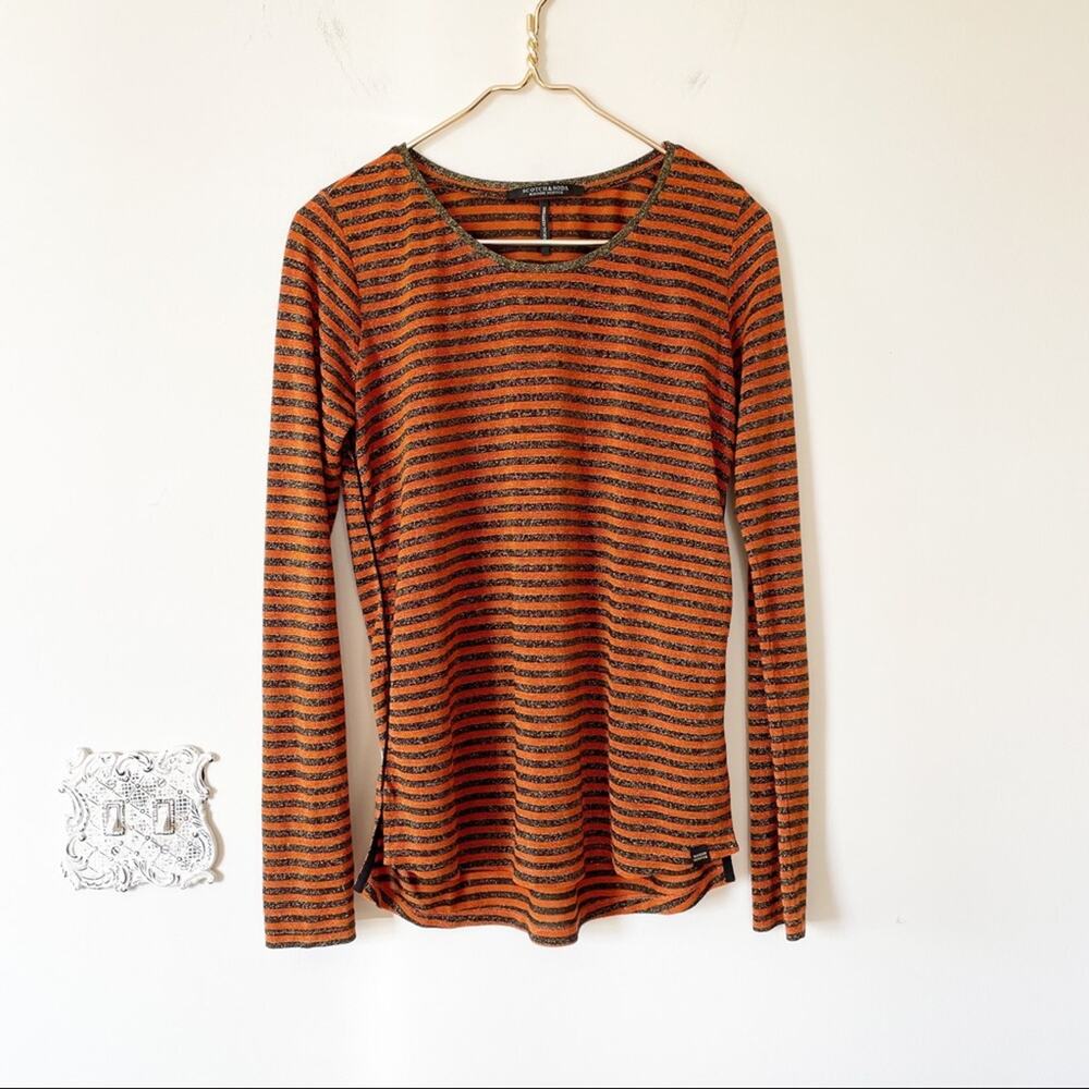 Scotch & Soda Metallic Striped Long Sleeve Top M Black Gold Orange